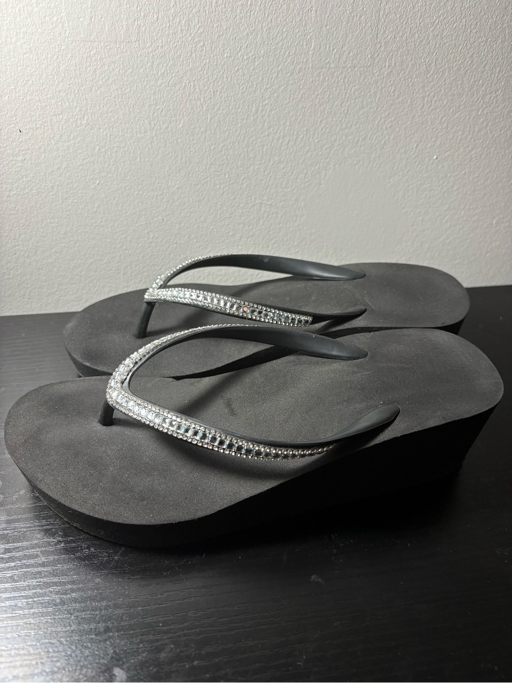 Black Wedge flip flops with Rhinestone Straps